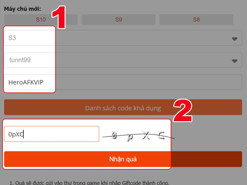 Điền đầy đủ thông tin vào ô trống. Nhập mã code Hero AFK: Vương Quyền Chiến VNG và điềm mã xác nhận, bấm Nhận quà