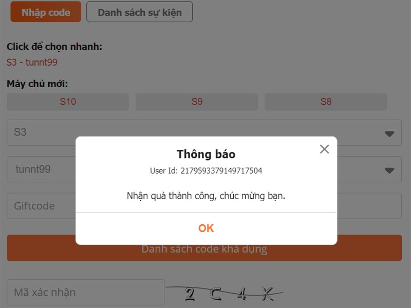 Màn hình xuất hiện thông báo nhận phần thưởng thành công