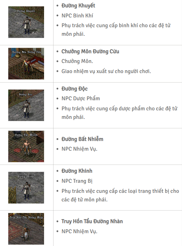 Hình ảnh NPC trong môn phái Đường Môn