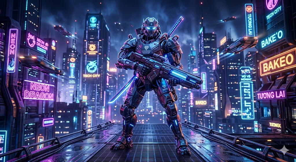 Một chiến binh cyborg mang phong cách tương lai đứng trên sân thượng, bối cảnh thành phố Cyberpunk rực rỡ ánh đèn neon với các phương tiện bay.