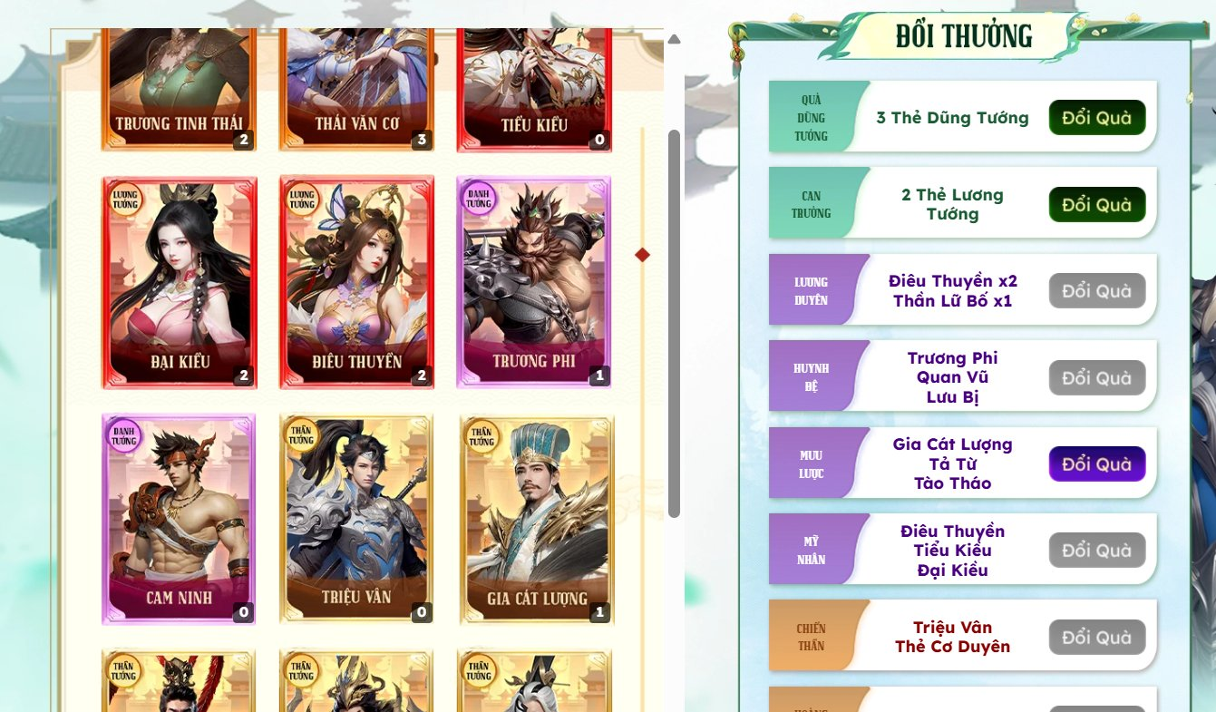 Hình ảnh một số nhân vật tiêu biểu trong game Hoàn Mỹ Tam Quốc kèm với khung đổi quà