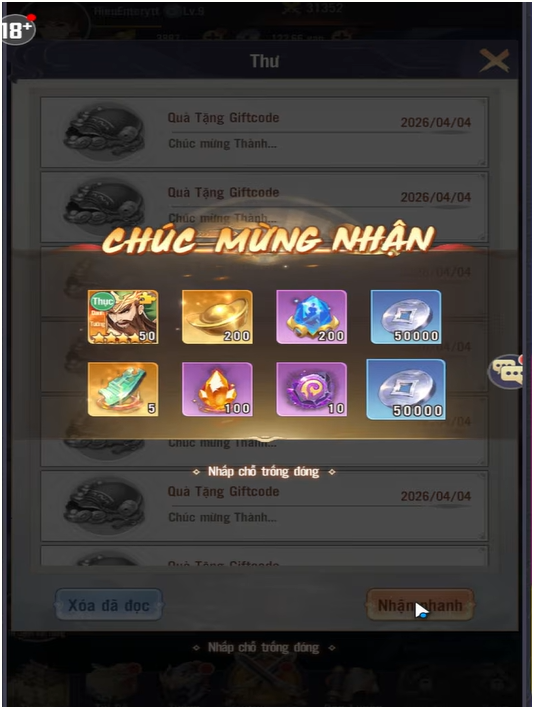 Màn hình sẽ xuất hiện thông báo CHÚC MỪNG NHẬN các phần thưởng giá trị