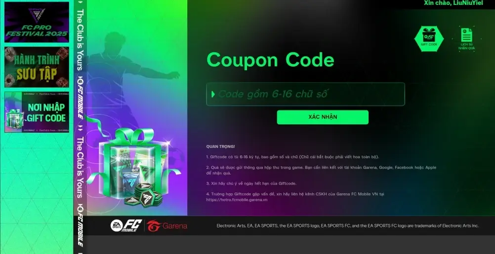 Nhập mã code FC Mobile VN và bấm XÁC NHẬN