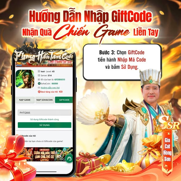 Nhập chính xác mã code Phong Hầu Tam Quốc vào ô trống và nhấn "Sử Dụng"