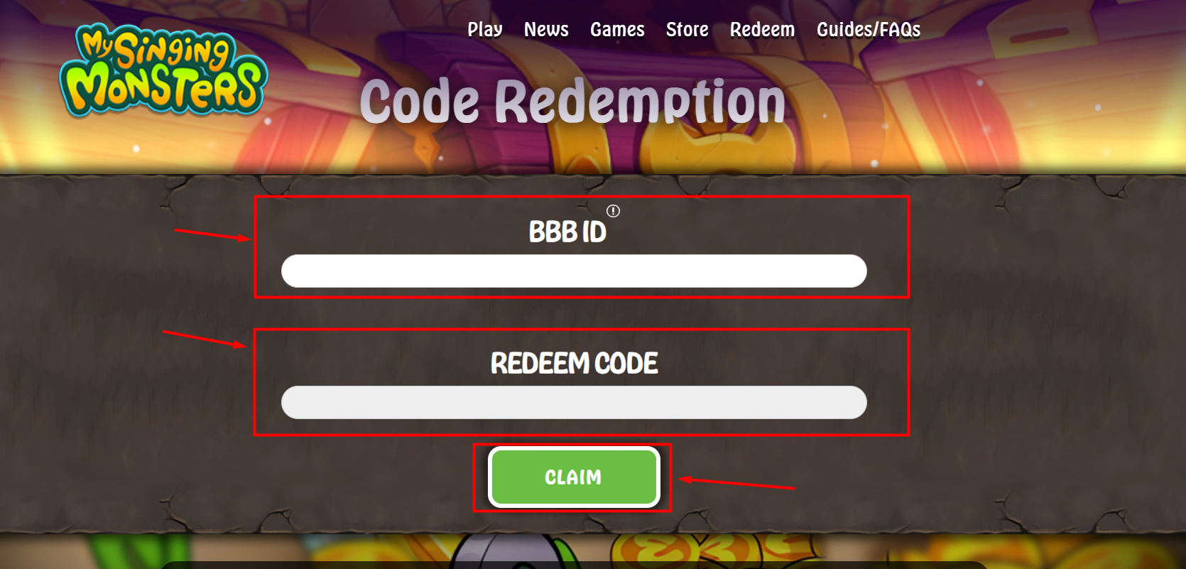 Nhập BBB ID vào ô đầu tiên. Nhập mã quà tặng vào ô Redeem Code My Singing Monsters và nhấn Claim
