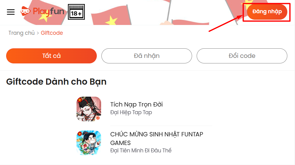 Truy cập vào trang web chính thức Playfun.vn và chọn Đăng nhập