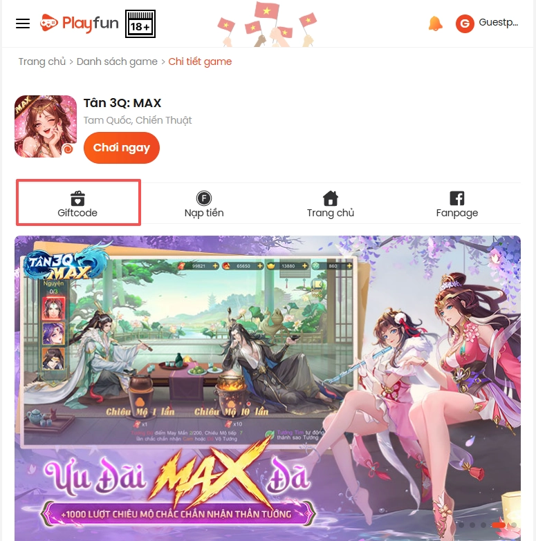 Tìm và chọn game Tân 3Q: MAX. Chọn vào mục Giftcode