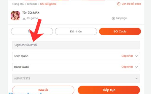 Nhập mã code Tân 3Q: MAX vào ô trống và nhấn Tiếp tục