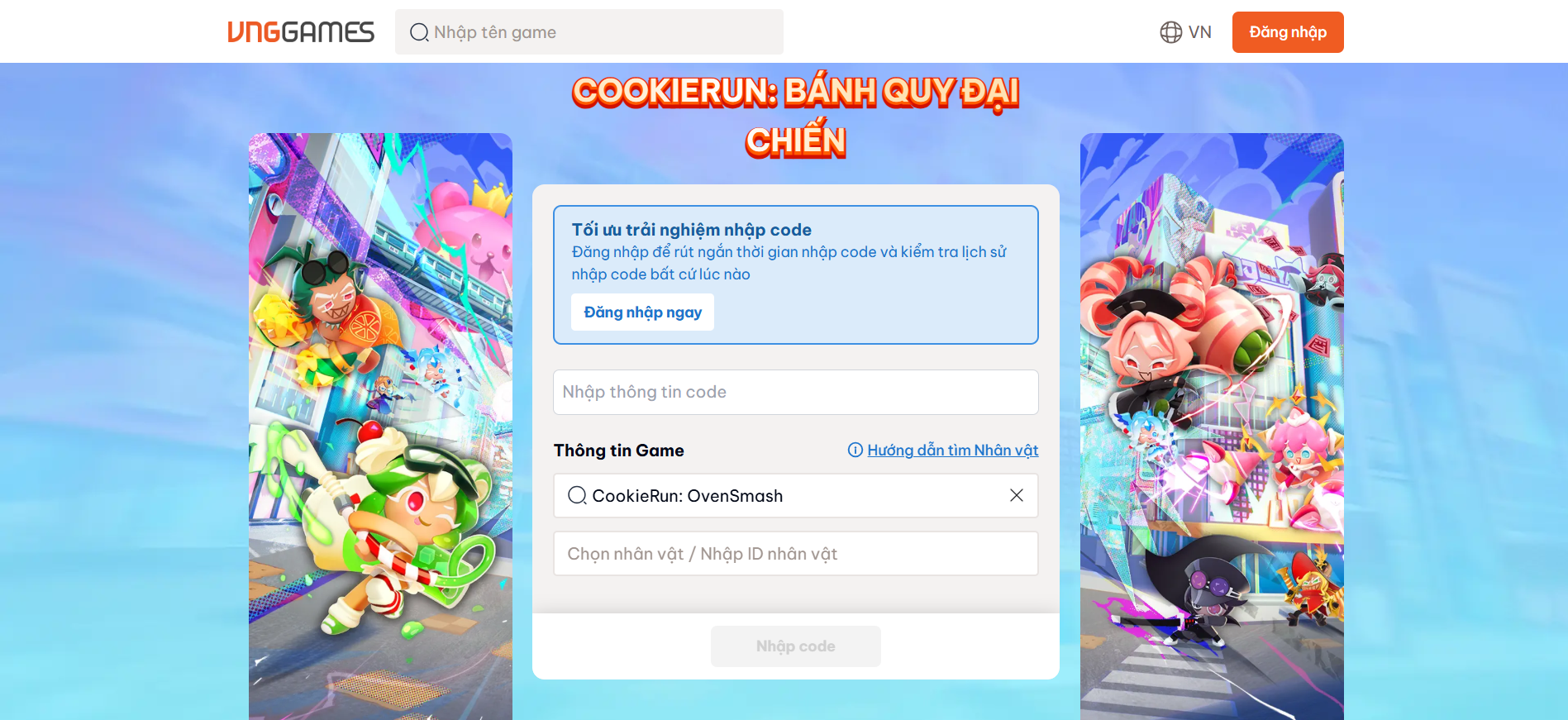 Truy cập vào trang nhập code của VNG