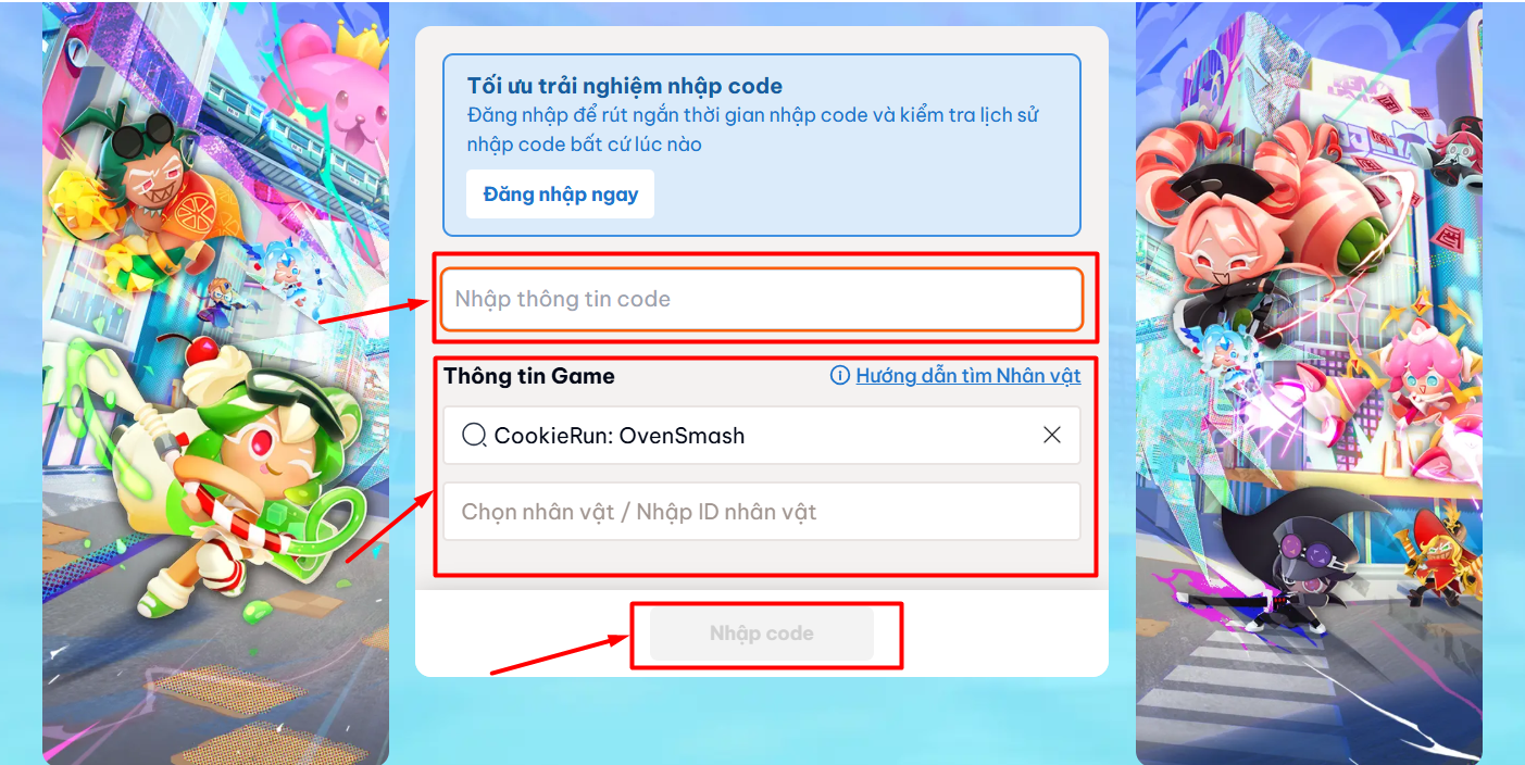 Nhập code CookieRun: Bánh Quy Đại Chiến. Chọn vào Nhập code để hoàn tất quá trình