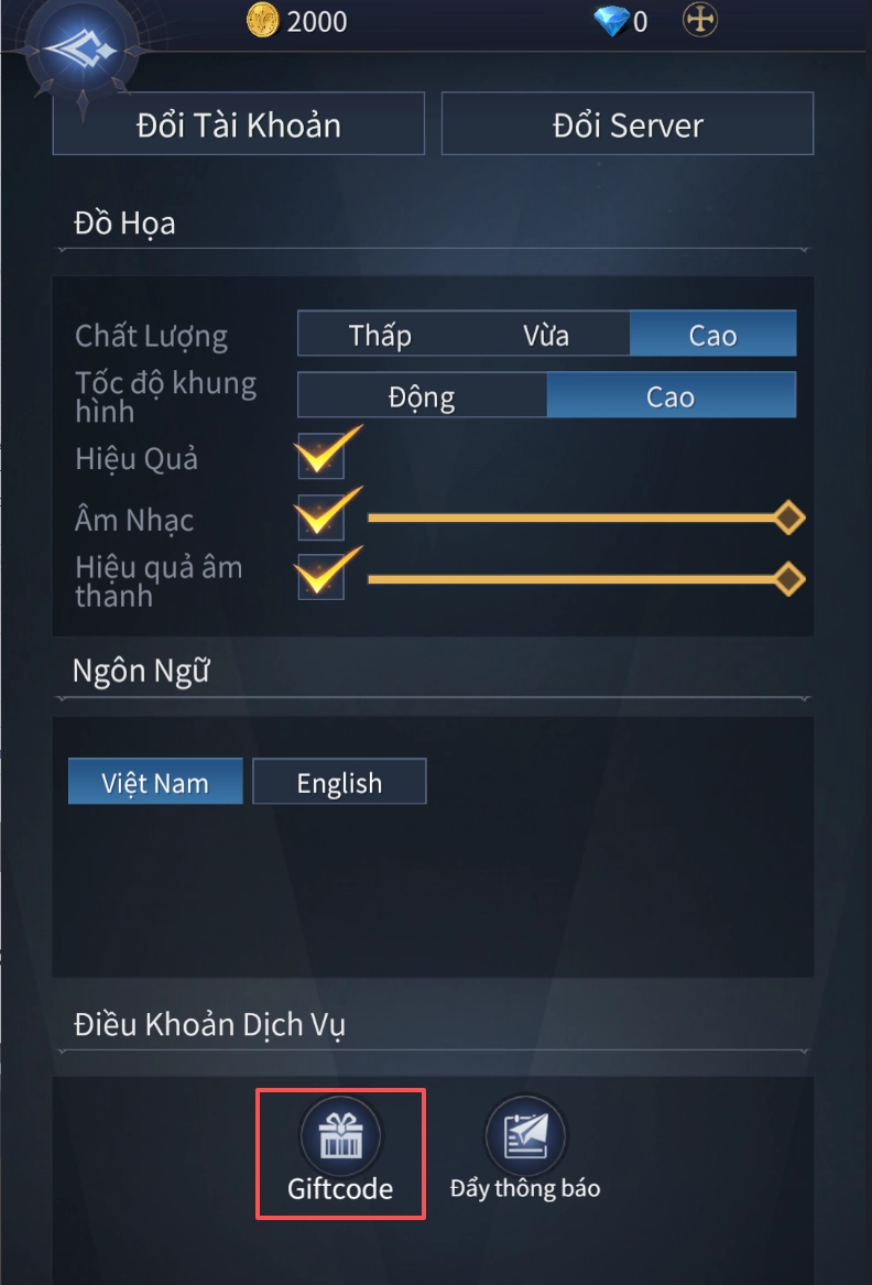 Chọn vào mục Giftcode nằm ở khung Điều Khoản Dịch Vụ