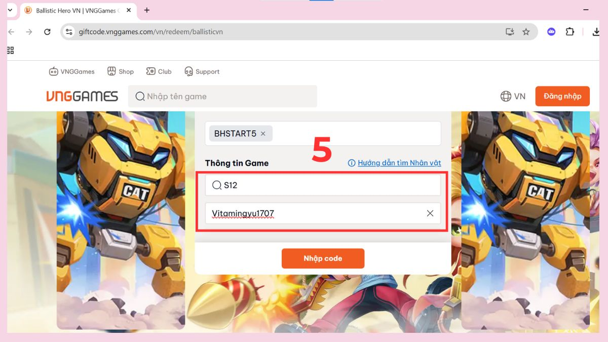 Hãy nhập thông tin Sever và nhập ID nhân vật. Hãy bấm Nhập code