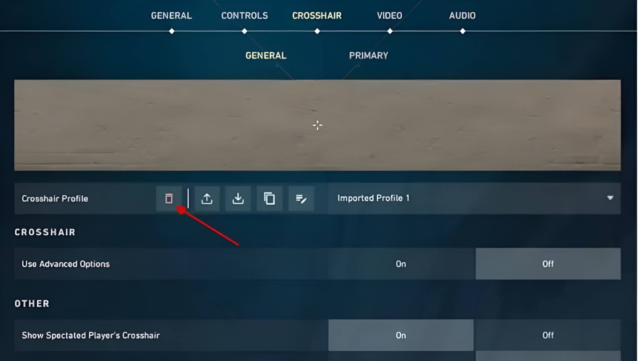 Tại Crosshair Profile, nhấn vào biểu tượng mũi tên hướng xuống (Import Profile Code)
