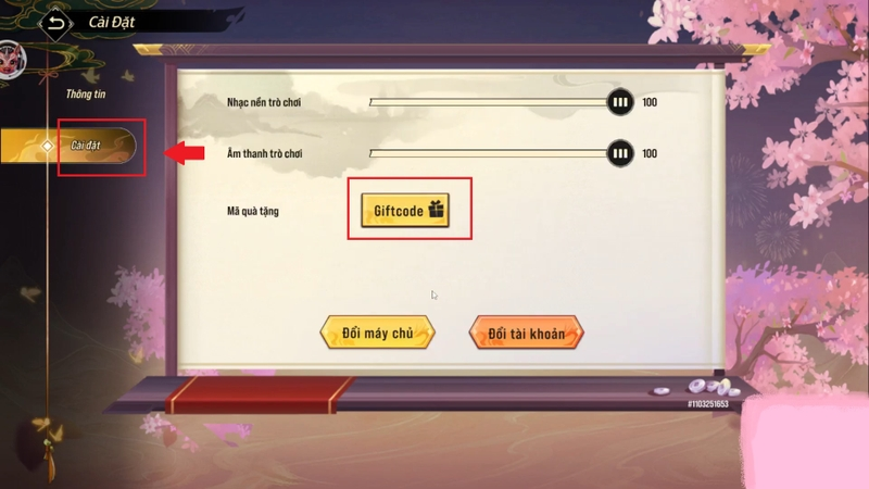 Chọn vào Cài đặt hãy nhấn vào mục Giftcode