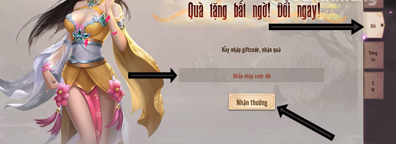 Chọn tab Đổi nằm ở cột bên phải, nhập code Kiếm Vực 3D và nhấn Nhận thưởng