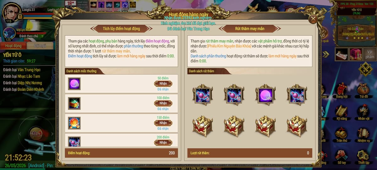 Hình ảnh cửa sổ hoạt động hằng ngày trong game Thần Long Mobile