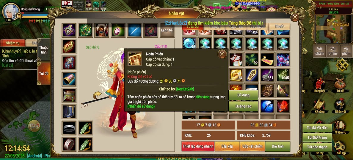 Hình ảnh giao diện nhân vật trong game Thần Long Mobile