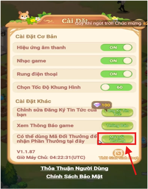 Chọn vào Mã Đổi Thưởng ở phía dưới màn hình