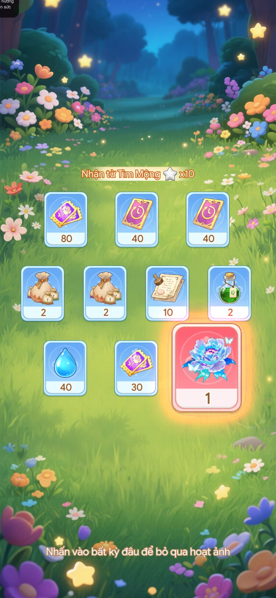 Hình ảnh các vật phẩm được nhận từ game Vườn Hoa Hạnh Phúc