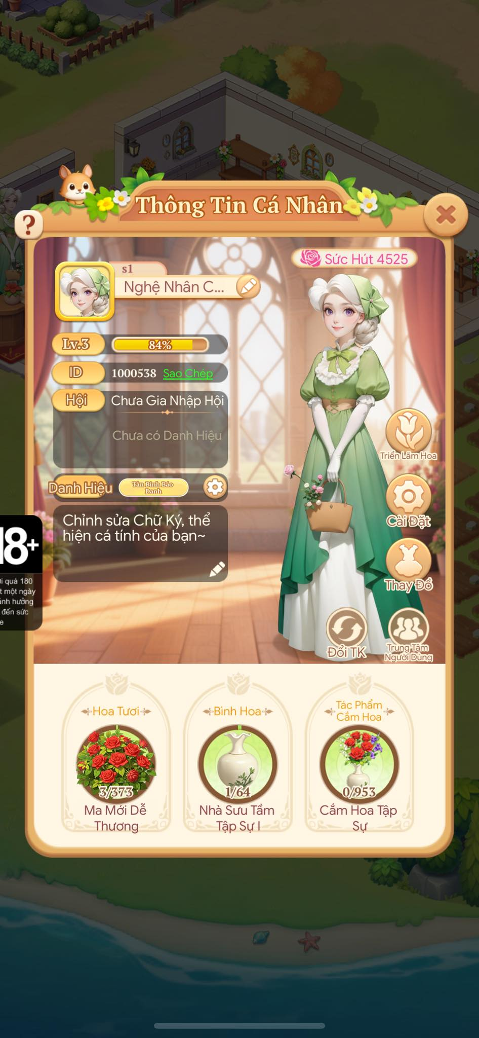 Hình ảnh thông tin cá nhân của nhân vật trong tựa game Vườn Hoa Hạnh Phúc