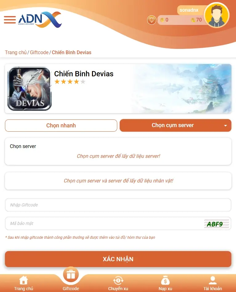 Nhập mã code Chiến Binh Devias, điền mã xác nhận (captcha) và nhấn Xác nhận