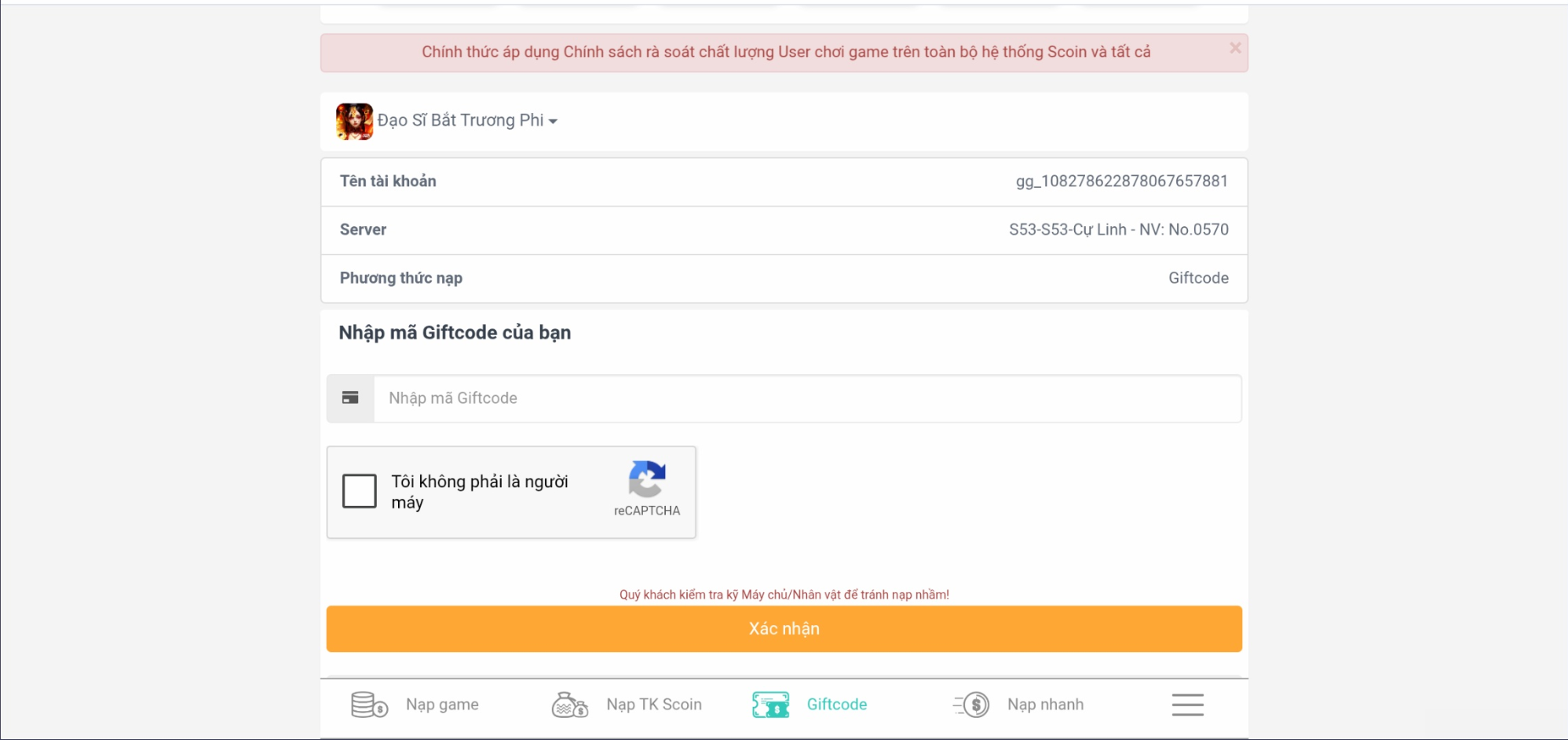 Hãy nhập Tên tài khoản, Máy chủ và nhập mã code Đạo Sĩ Bắt Trương Phi. Cuối cùng bấm nút Xác nhận