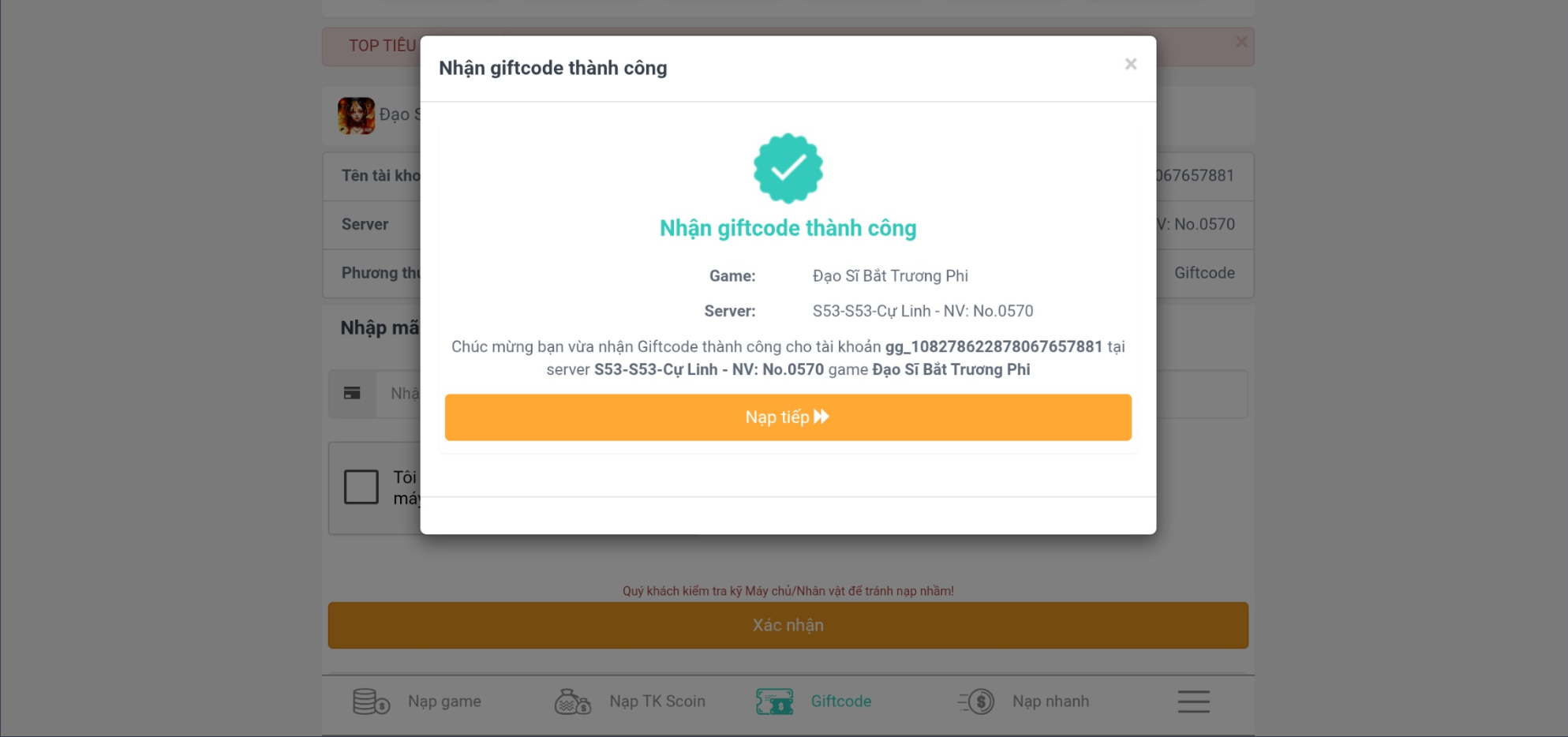 Hệ thống sẽ thông báo nhập code thành công