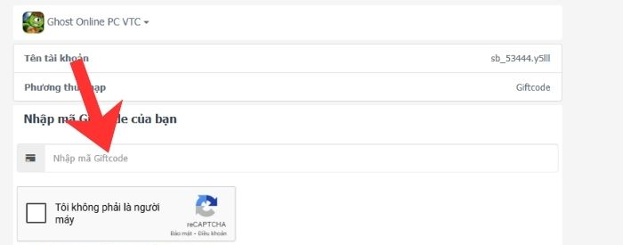 Nhập tên tài khoản game, nhập mã giftcode Ghost Online PC và nhấn Xác nhận