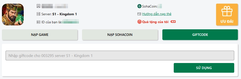 Nhập chính xác mã code Vấn Đỉnh Tam Quốc vào ô trống, sau đó bấm nút Sử dụng