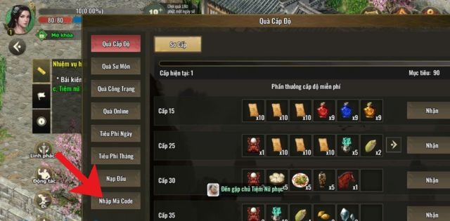 Chọn vào mục Nhập Mã Code