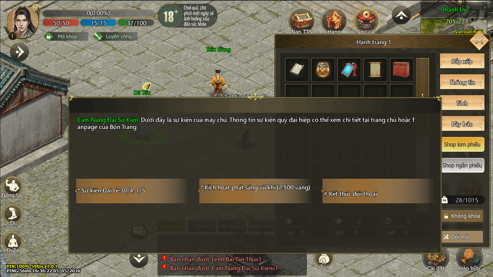 Hình ảnh giao diện hành trang trong tựa game Tình Kiếm Truyền Kỳ Mobile