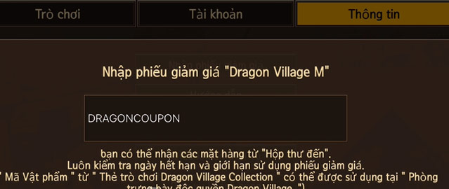 Nhập mã code Dragon Village M vào ô trống và nhấn Xác Nhận
