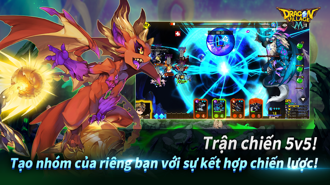 Hình ảnh điểm đặc sắc (trận chiến 5v5) trong game Dragon Village M