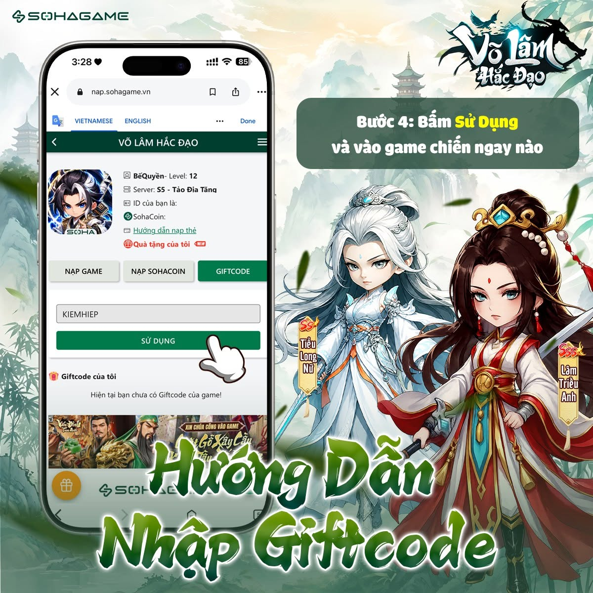Hãy nhấn SỬ DỤNG để hoàn tất quá trình nhập code
